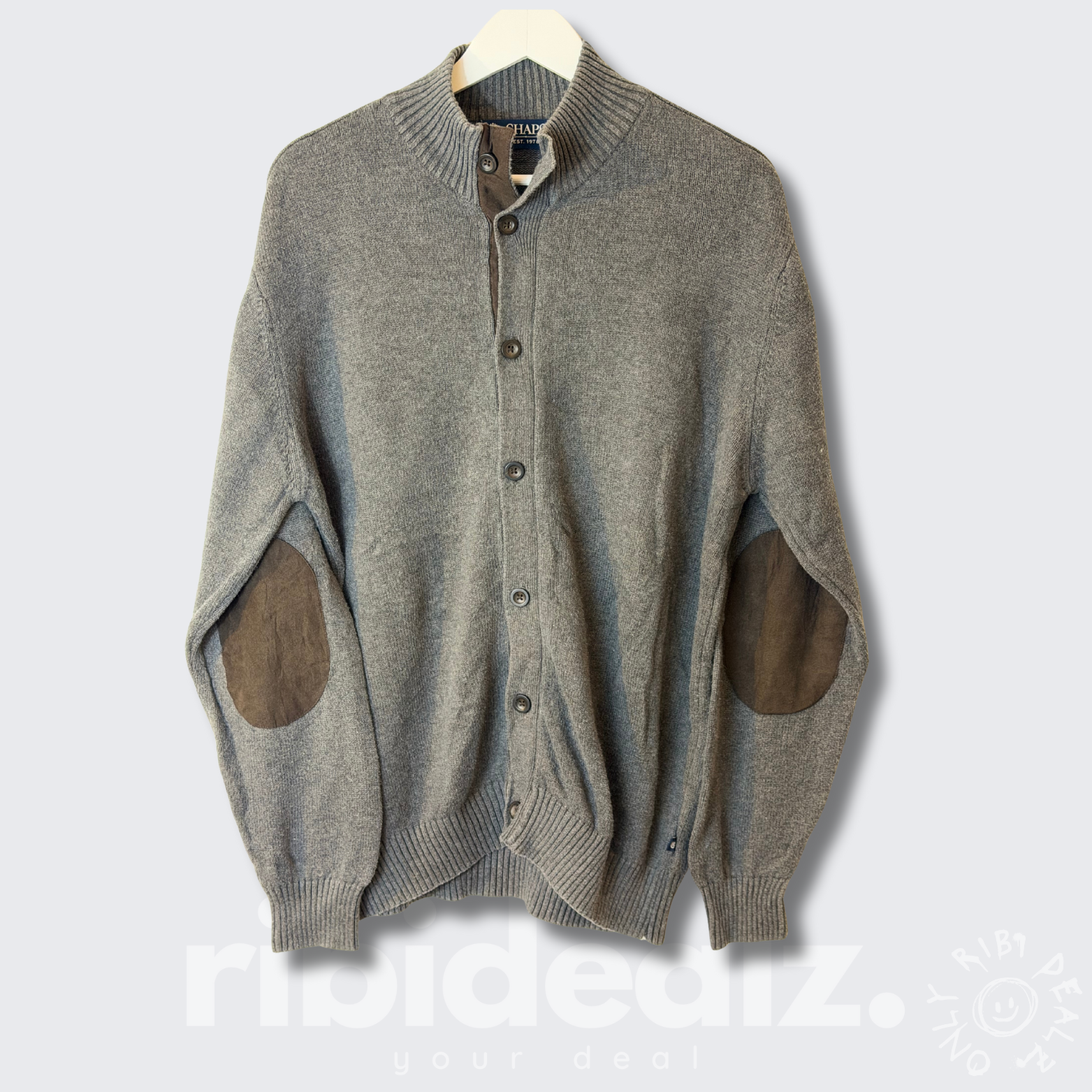 CHAPS Strick Cardigan Herren grau mit Ellbogenpatches – Knopfleiste - Größe M