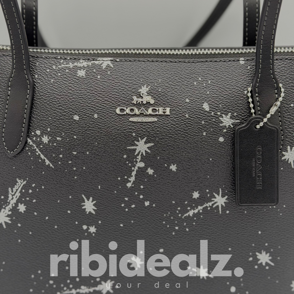 Coach Tote Bag Fiona L Schwarz mit Sternenprint Leder – Reißverschluss - Neu
