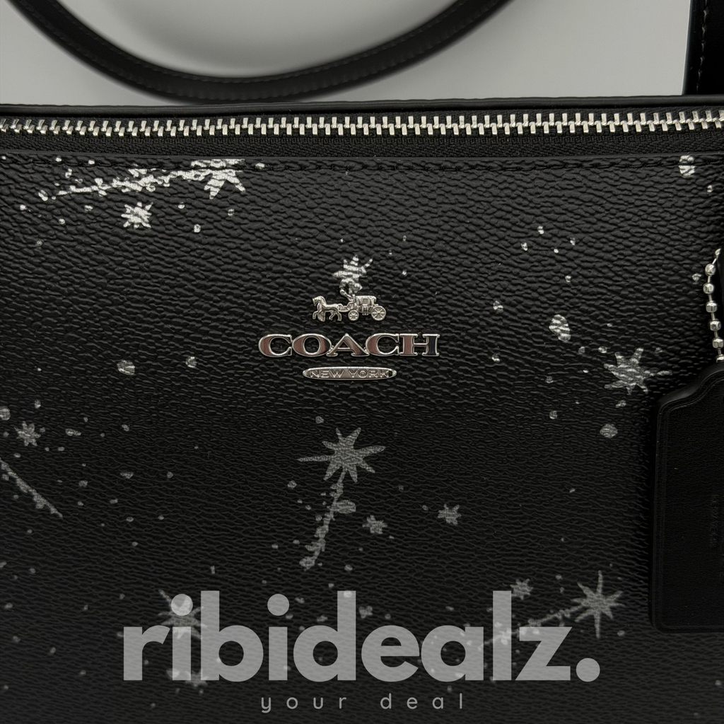 Coach Tote Bag Fiona L Schwarz mit Sternenprint Leder – Reißverschluss - Neu
