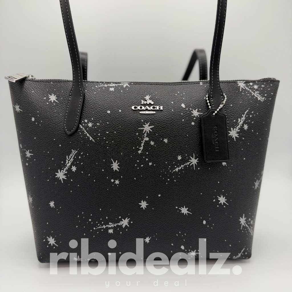 Coach Tote Bag Fiona L Schwarz mit Sternenprint Leder – Reißverschluss - Neu