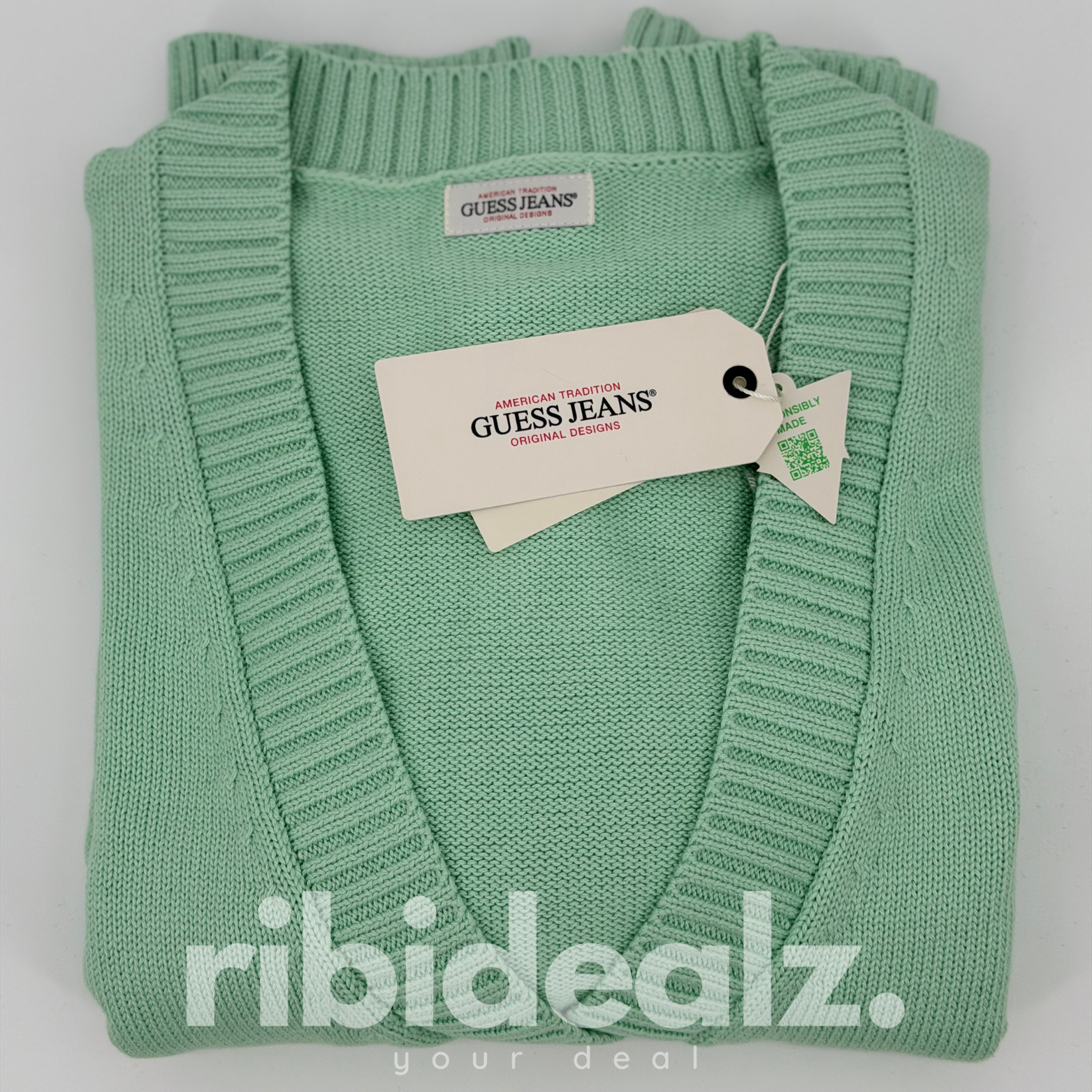 Guess Damen Strickjacke Mintgrün – Cardigan mit Knöpfen, Größe L (Neu)