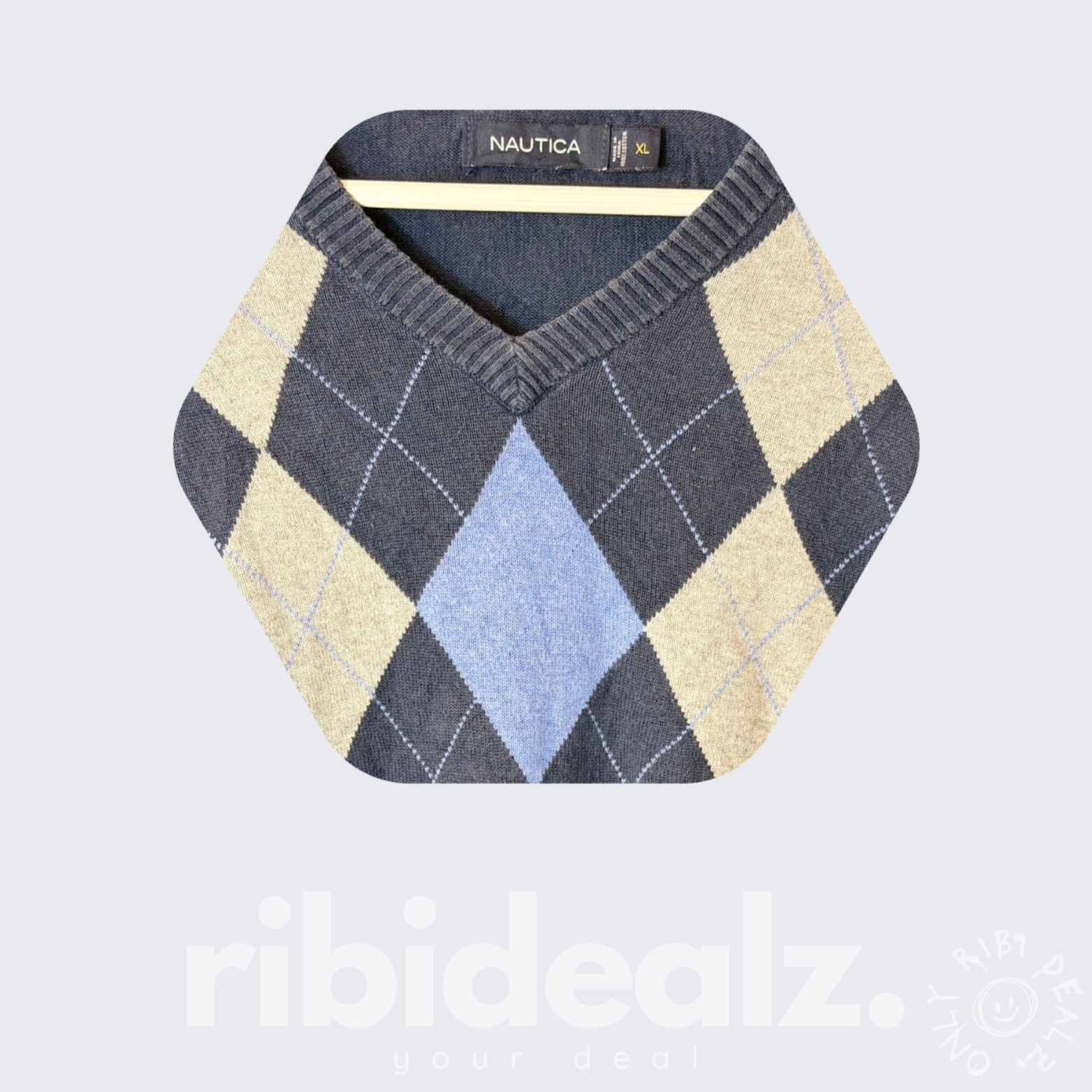 Nautica Herren Pullover V-Ausschnitt Argyle – Blau/Grau – Größe XL