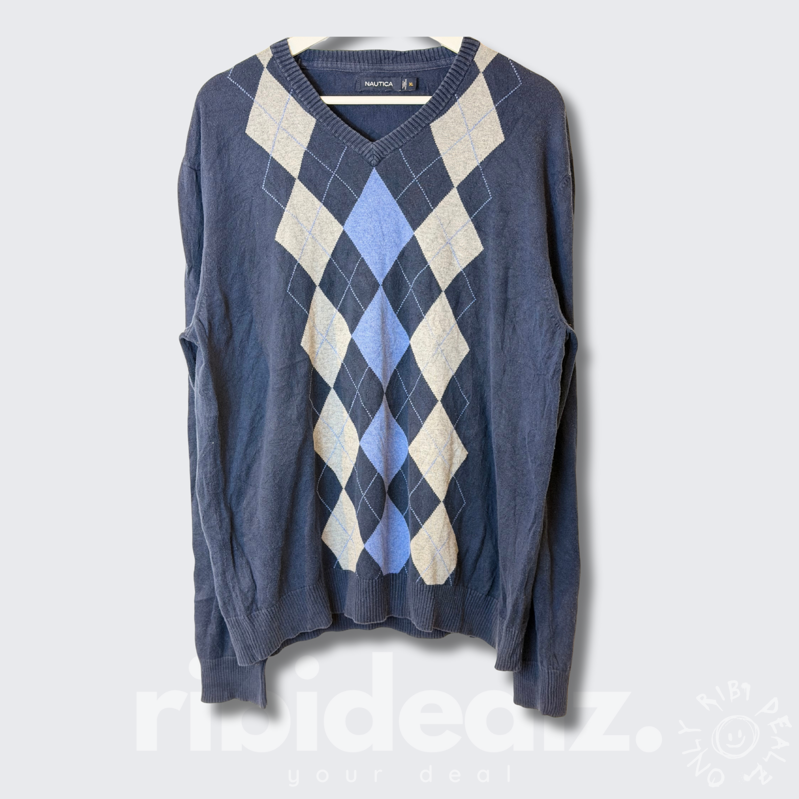 Nautica Herren Pullover V-Ausschnitt Argyle – Blau/Grau – Größe XL