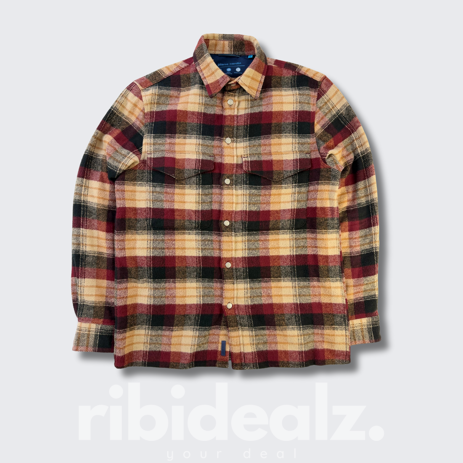 Pierre Cardin Überhemd Herren Langarm kariert rot schwarz beige - M