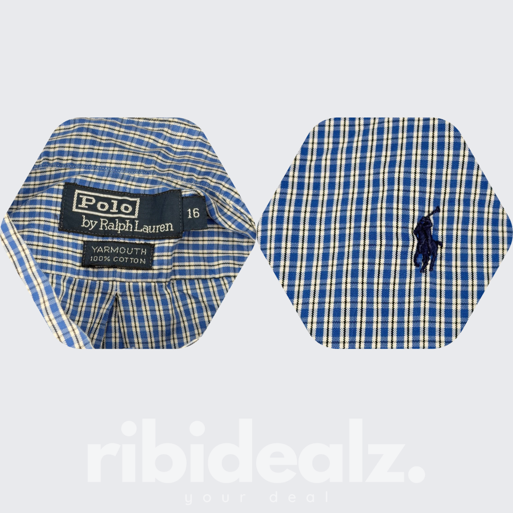 Polo Ralph Lauren Herren Hemd Kariert Blau Weiß – Button Down – Größe L (16) – Grad A