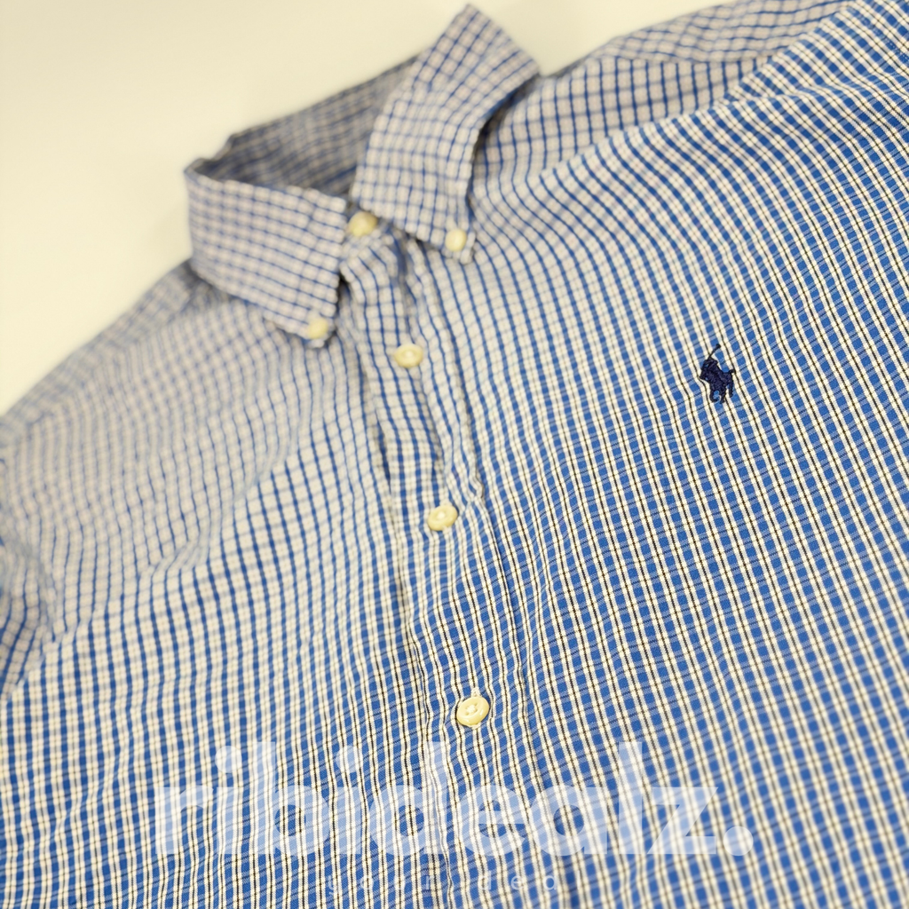 Polo Ralph Lauren Herren Hemd Kariert Blau Weiß – Button Down – Größe L (16) – Grad A