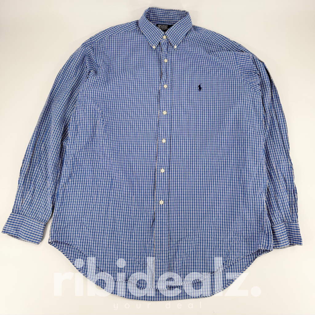 Polo Ralph Lauren Herren Hemd Kariert Blau Weiß – Button Down – Größe L (16) – Grad A
