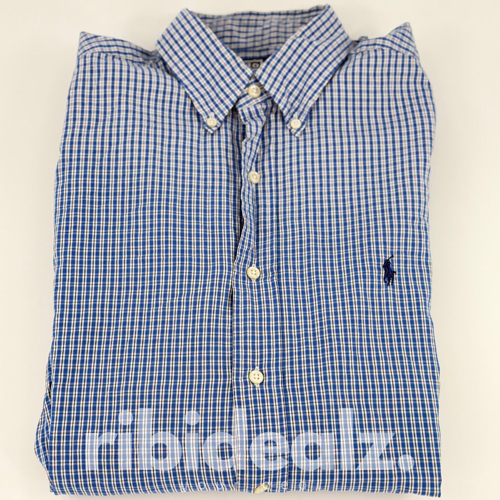 Polo Ralph Lauren Herren Hemd Kariert Blau Weiß – Button Down – Größe L (16) – Grad A