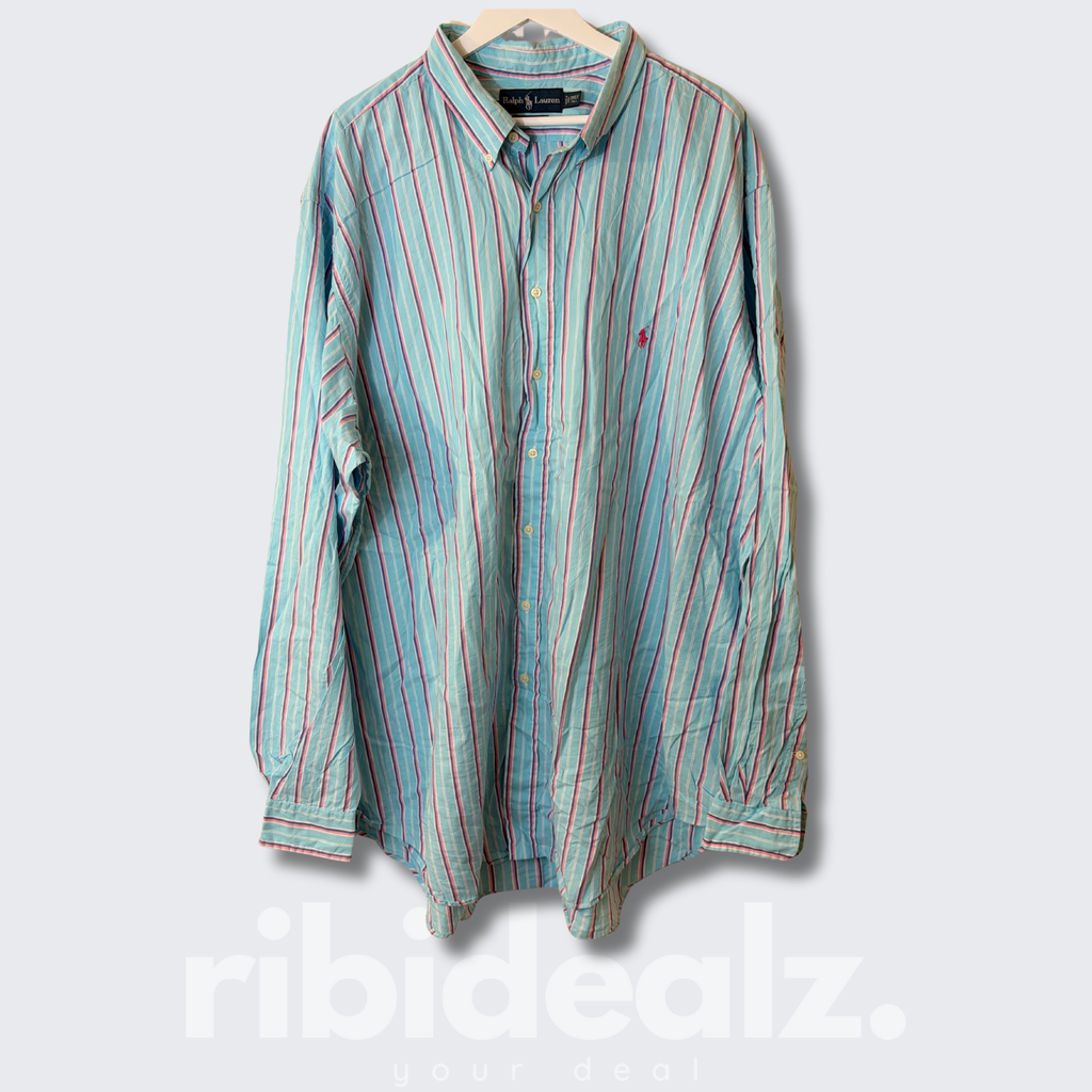 Polo Ralph Lauren Hemd Herren Langarm Streifen Türkis Rosa Weiß – Classic Fit 3XL