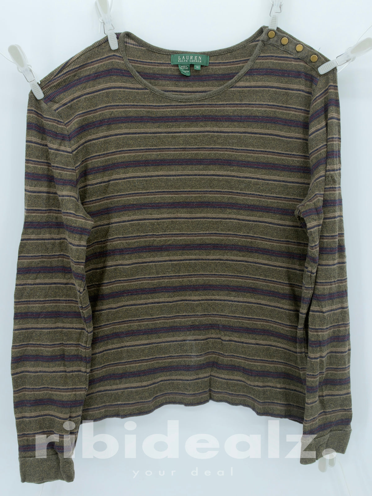 Lauren Ralph Lauren Damen Langarmshirt XL Gestreift Khaki Lila – 100 % Baumwolle