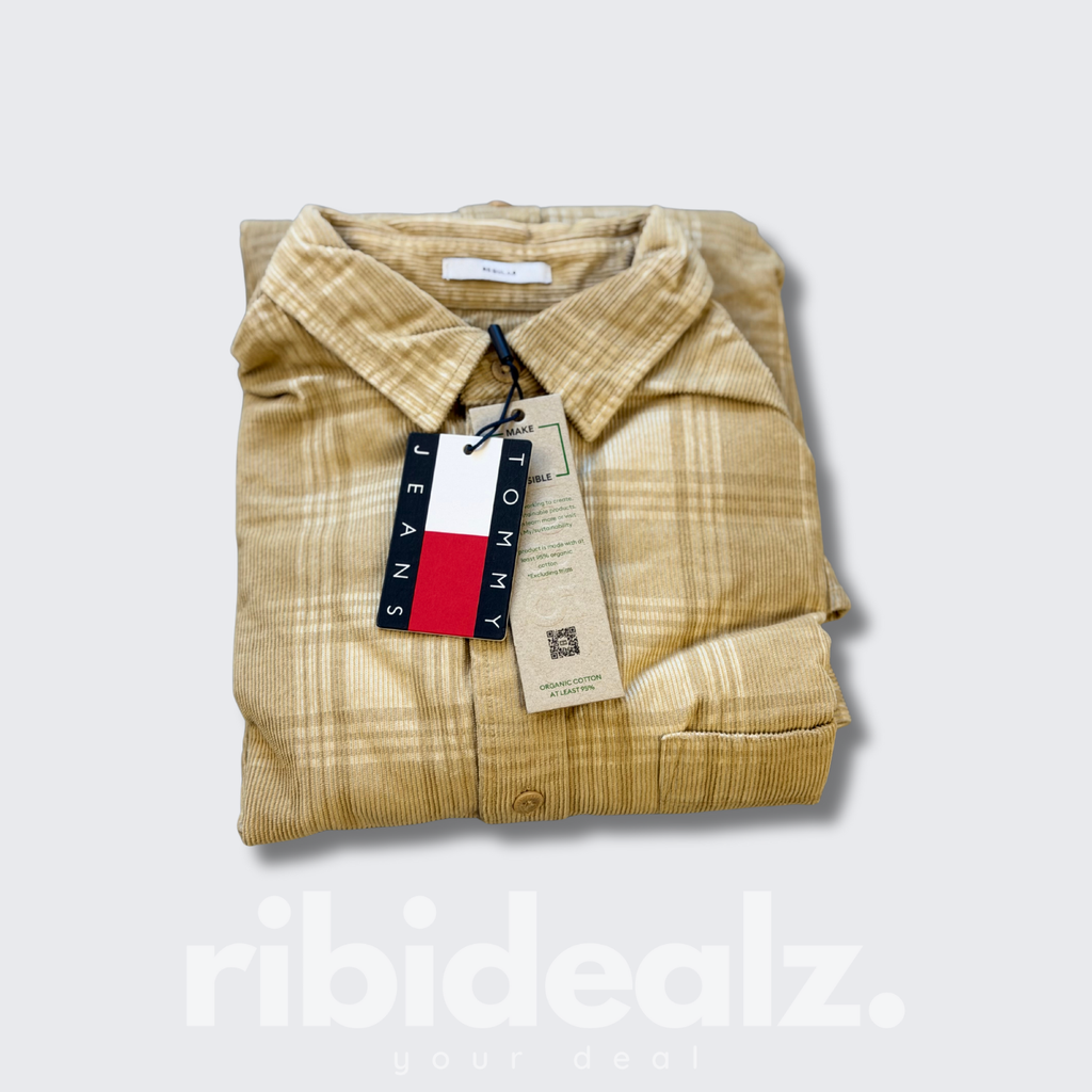 Tommy Hilfiger Jeans Cordhemd Herren beige/braun kariert Regular Fit Langarm Größe S – Neu