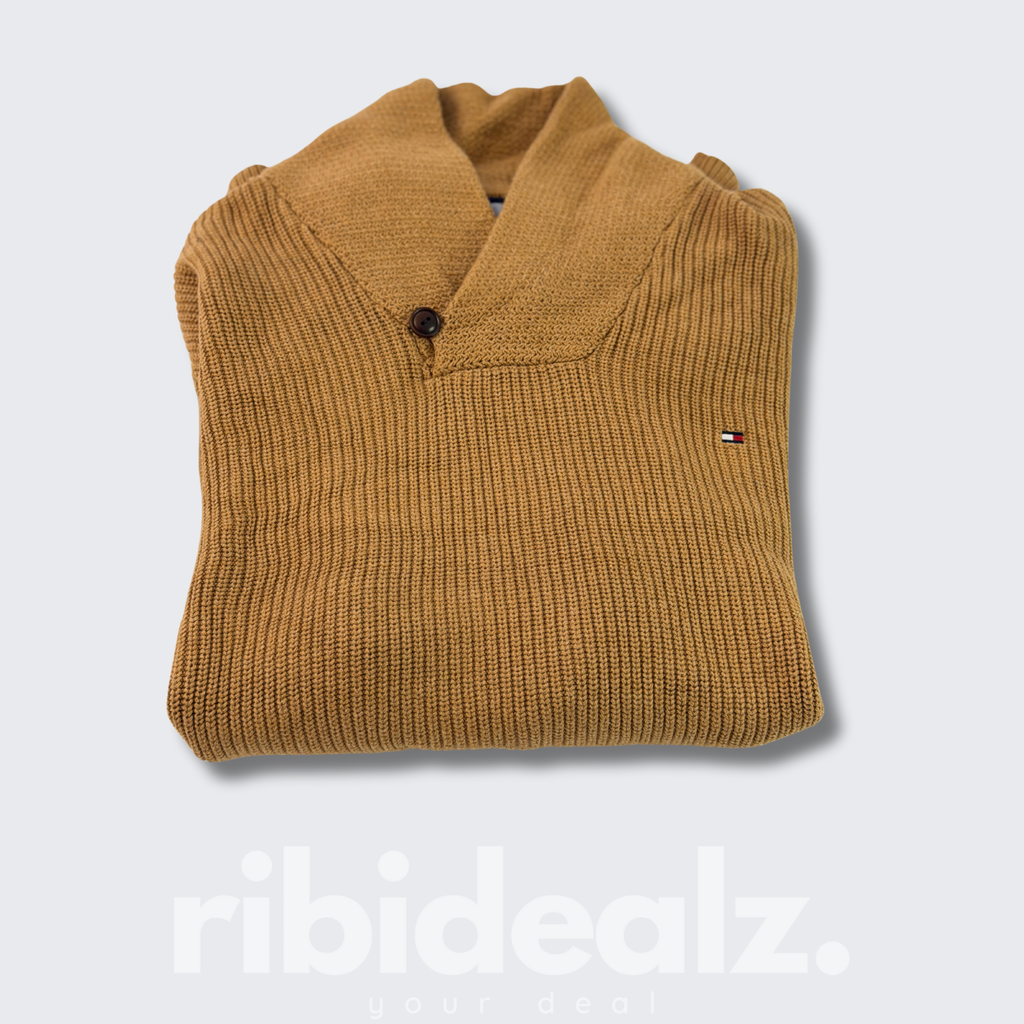 Tommy Hilfiger Strickpullover Herren XL Senfgelb - Knopfkragen - Fashion Canvas