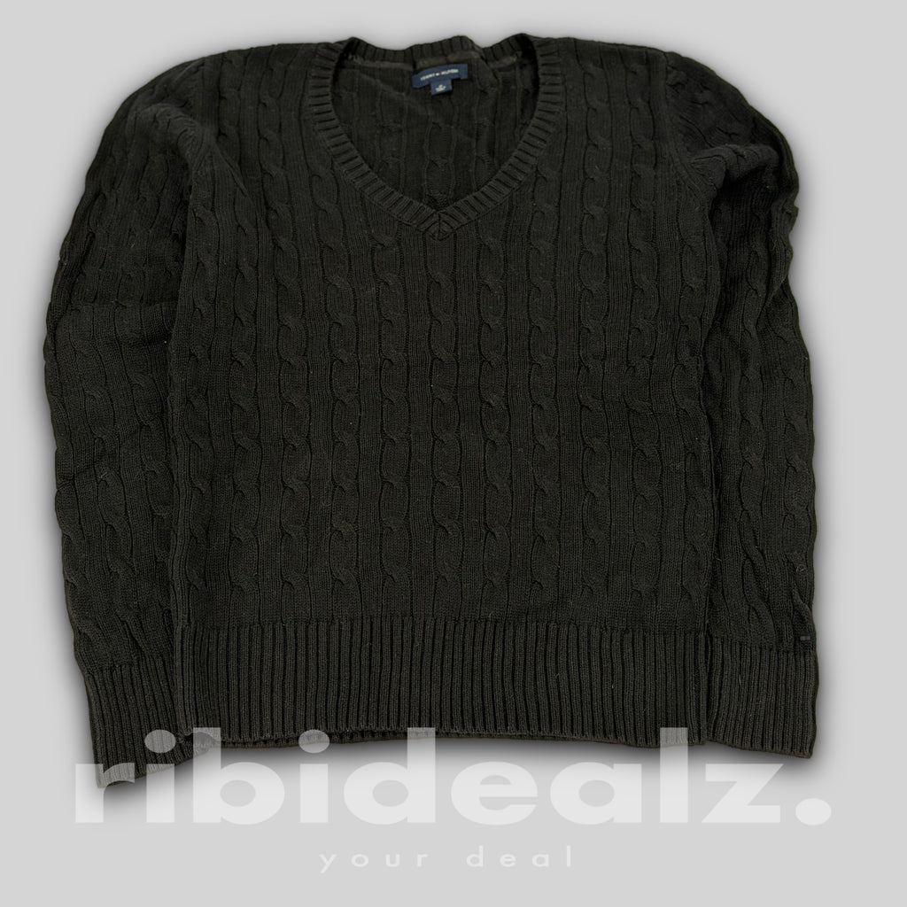 Tommy Hilfiger Pullover Damen Schwarz V-Neck Cable Knit M