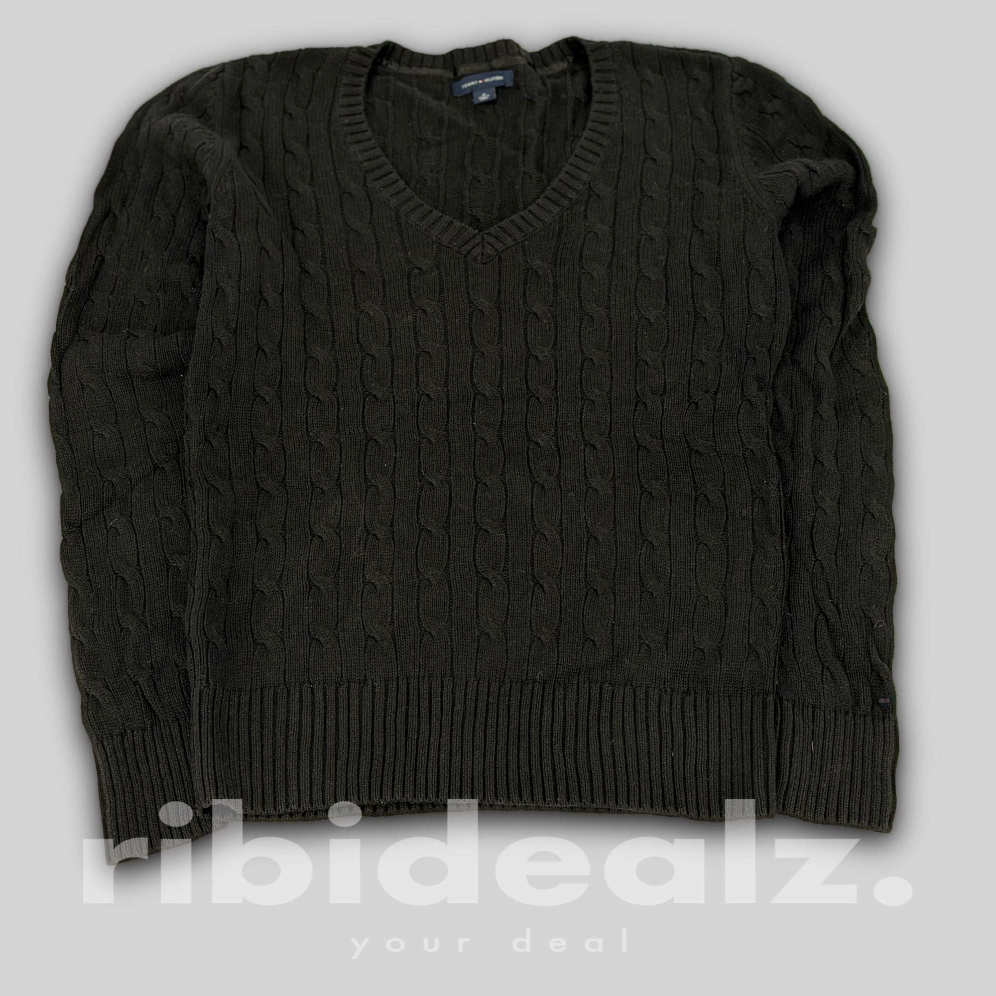 Tommy Hilfiger Pullover Damen Schwarz V-Neck Cable Knit M