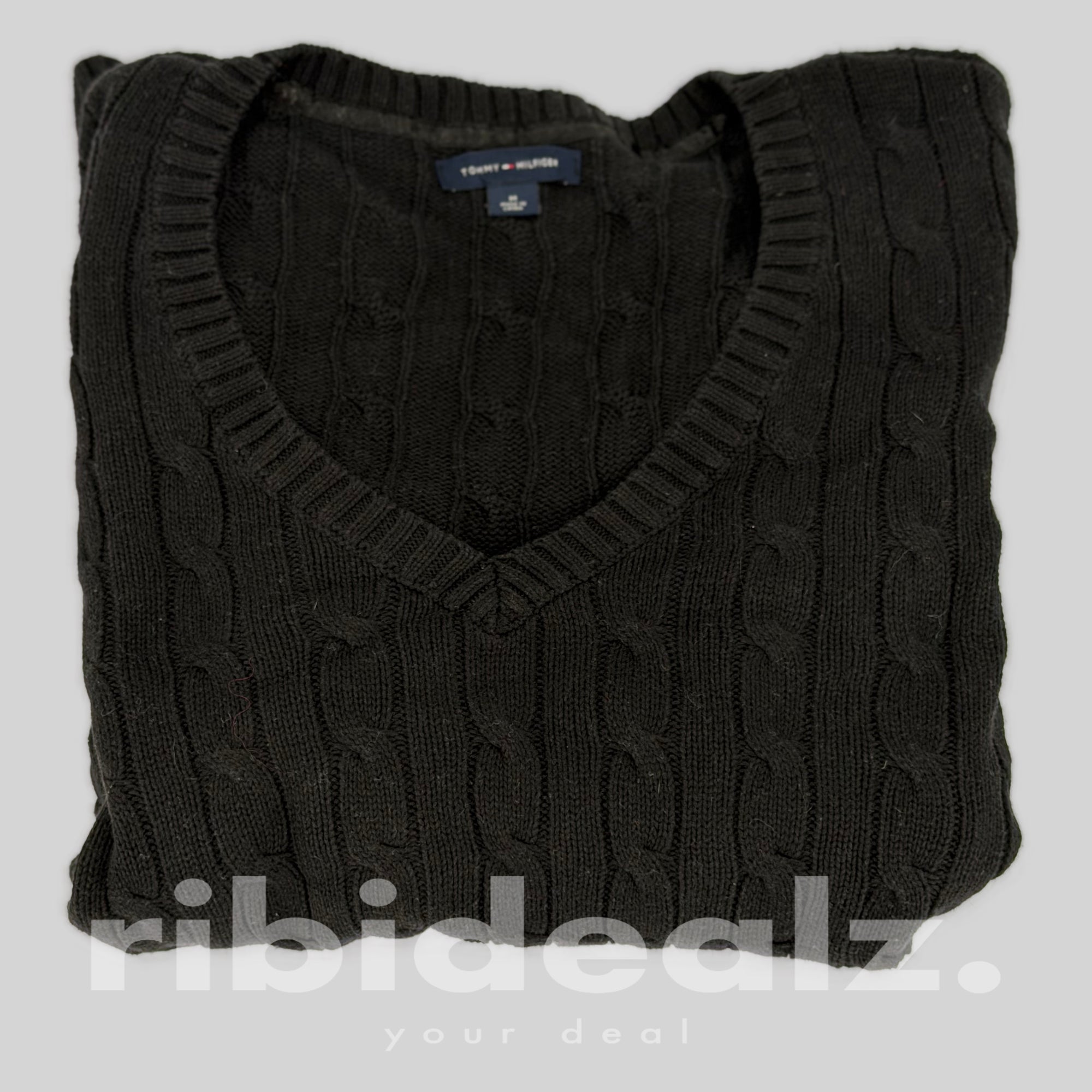 Tommy Hilfiger Pullover Damen Schwarz V-Neck Cable Knit M